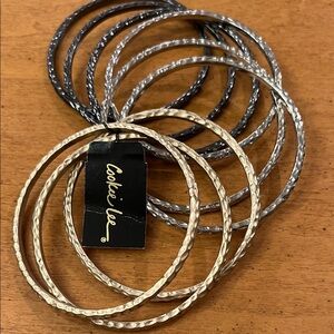 Cookie Lee 9 textured metal bangles bracelets matte gold silver and gun metal
